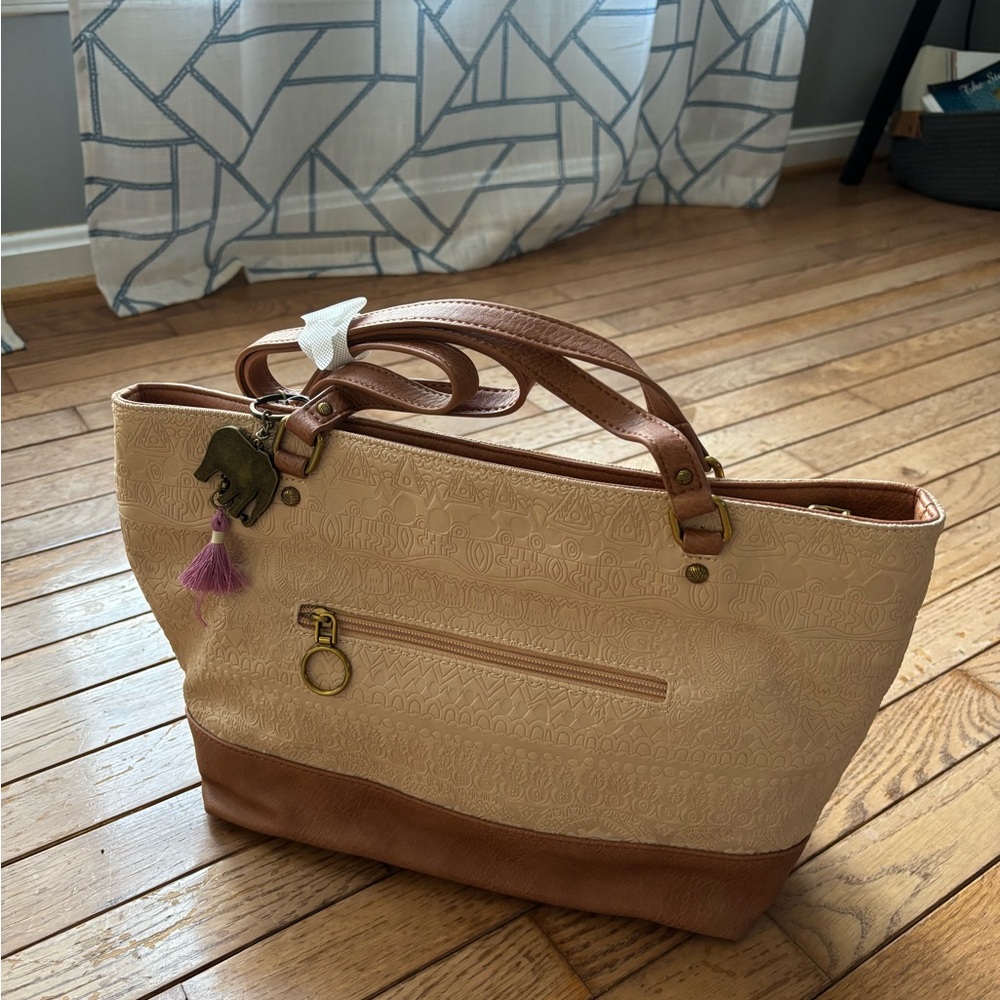 Sakroots Beige and Brown Embossed Tote with Elephant Charm